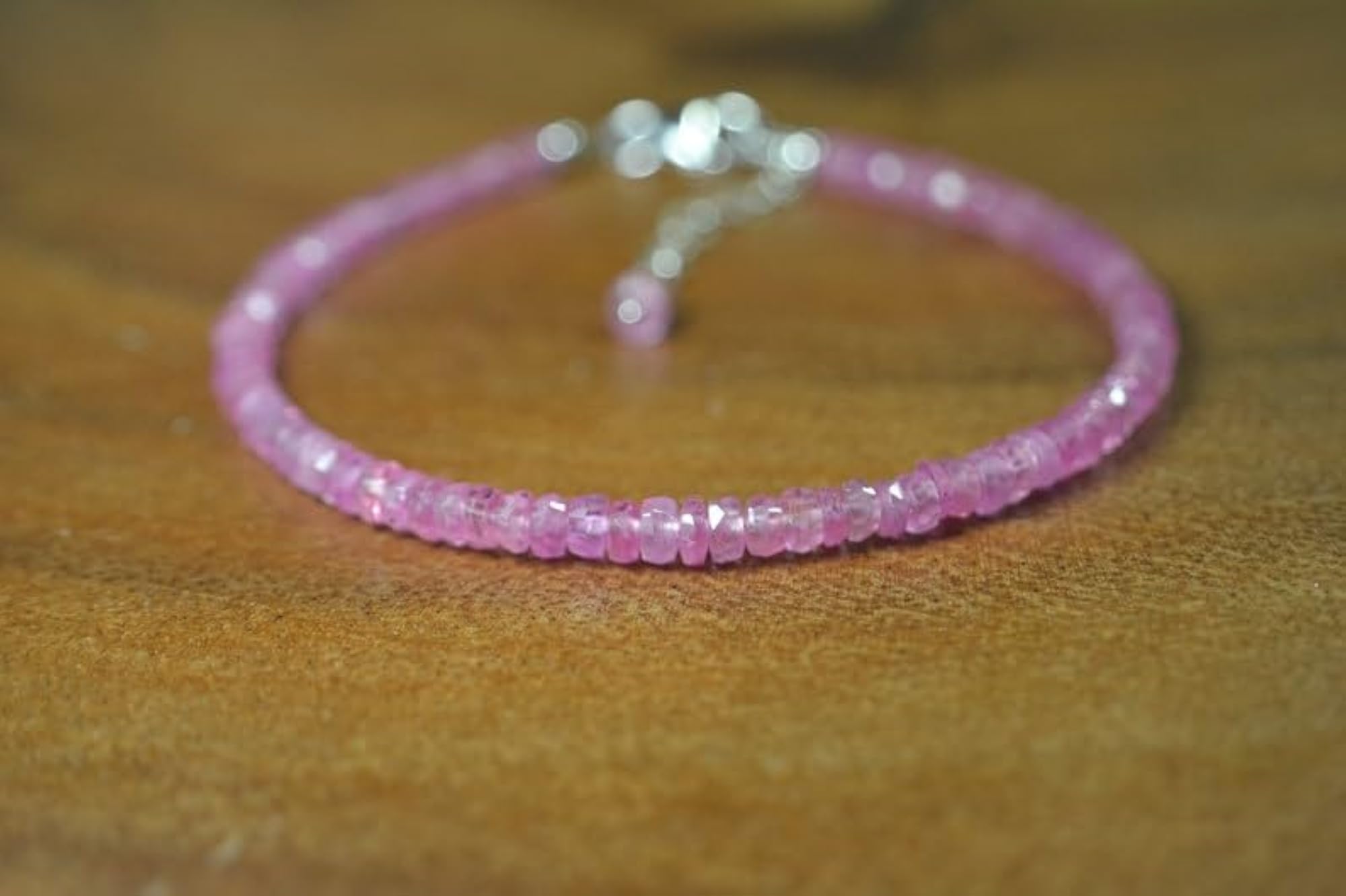 Pink Sapphire Rondelle Beaded Bracelet, Adjustable 7 Inch